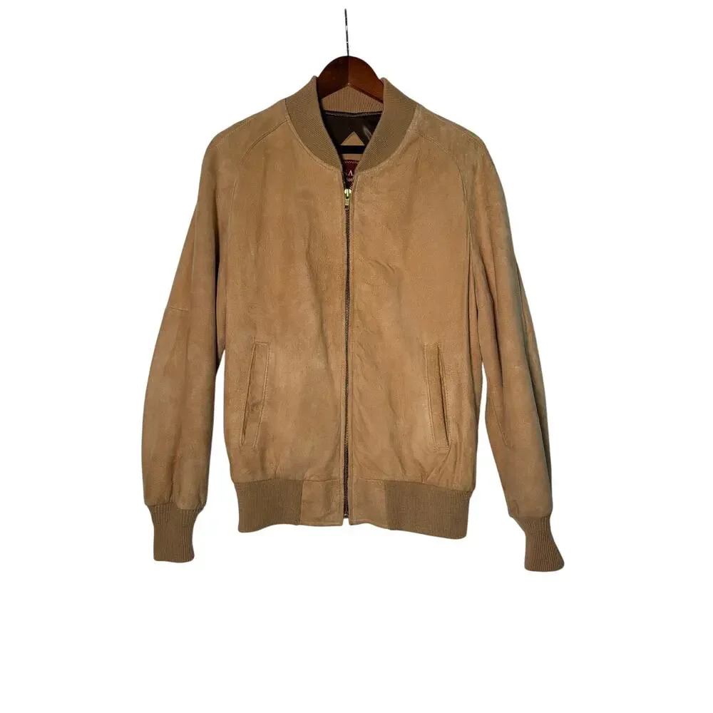 Jos A Bank Leather Jacket Mens M Tan Full Zip Lined Bomber Outerwear Casual - Picture 1 of 7